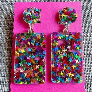 New Purple Green Red Blue Gold Confetti Retro 80s Style Acrylic Earrings - 2.50”